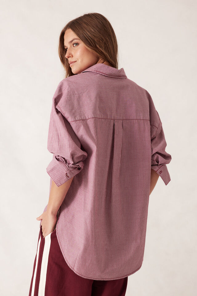 Peta Oversized Shirt, BURGUNDY WHITE NARROW STRIPE