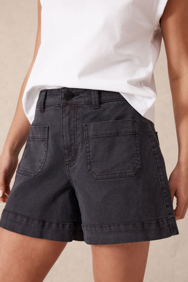 Esther Denim Patch Pocket Short, WASHED BLACK
