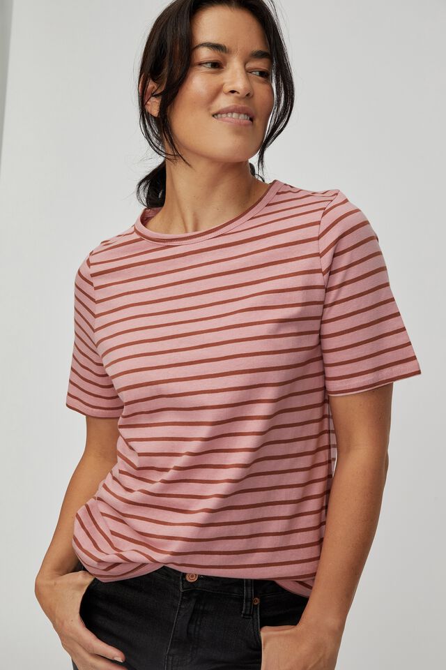 Organic Daily Tee, WASHED PINK RUST STRIPE