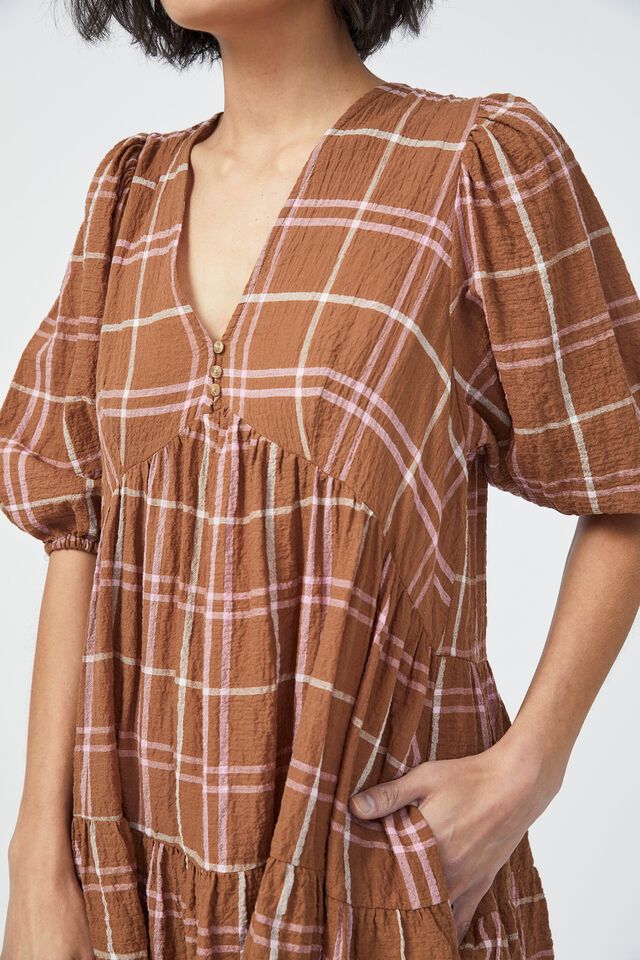Check Smock Dress In Textured Organic Cotton, GINGER SUMMER PINK CHECK