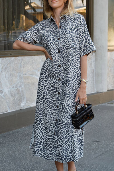 Ava Short Sleeve Midi Dress, LEOPARD LINEN BLEND