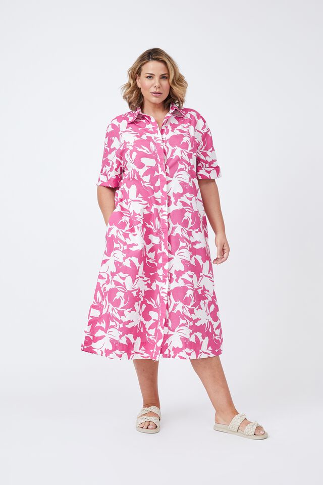 Shirt Dress In Organic Cotton Poplin Eh, RASPBERRY ROSE FLORAL