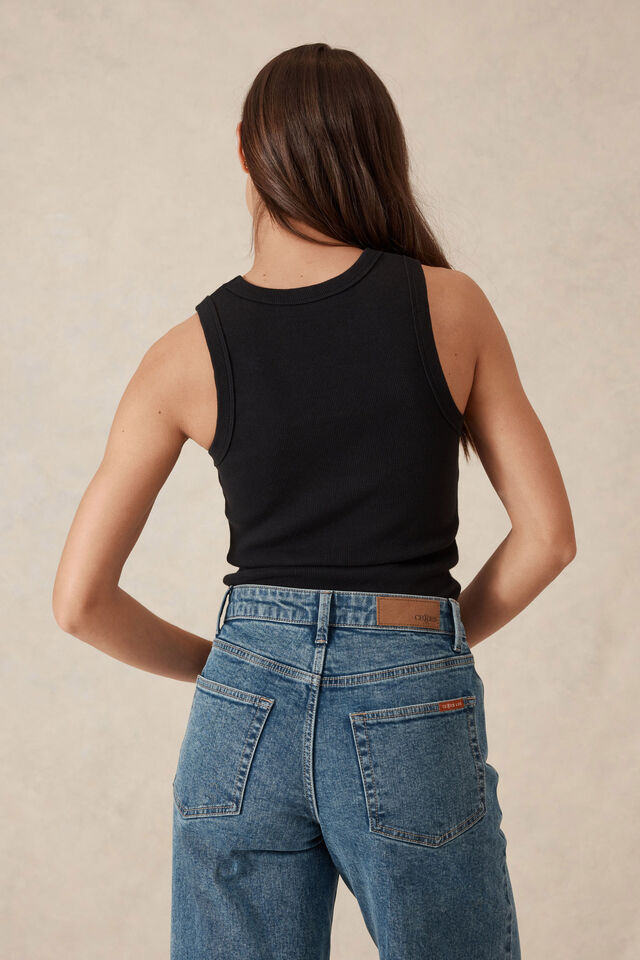 Contour Rib Hi Neck Tank, BLACK