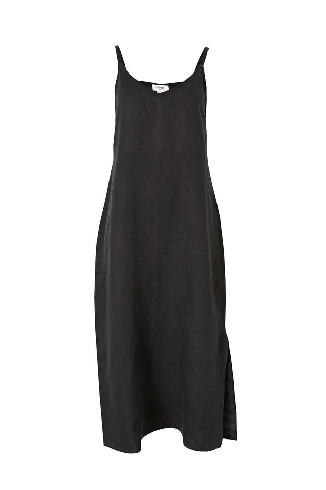 Slip Dress In Linen, BLACK