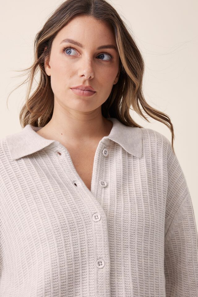 Soft Cropped Collared Cardigan In Recycled Blend, OATMEAL MARLE