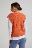 Cable Button Through Vest In Recycled Blend Yarn, FADED ORANGE