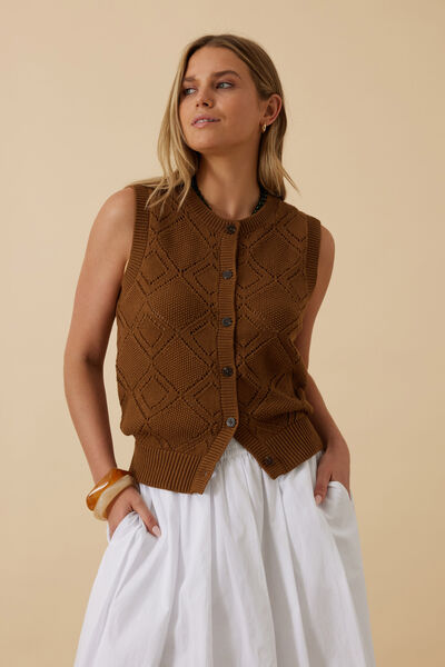 Dahlia Diamond Knit Vest, TOFFEE