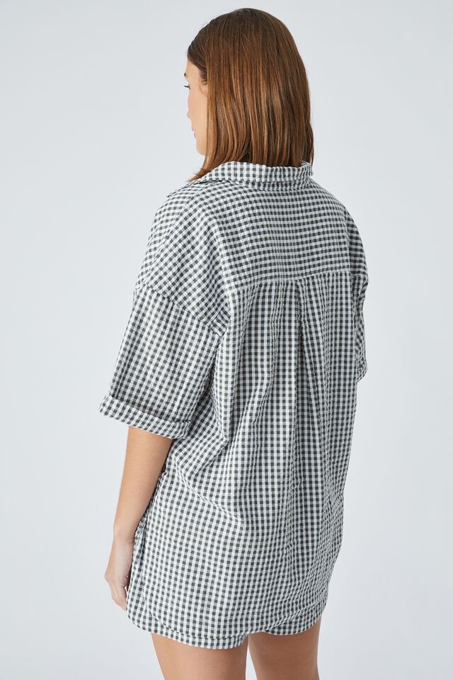 Relaxed Short Sleeve Shirt In Rescued Fabric, LEAD GINGHAM