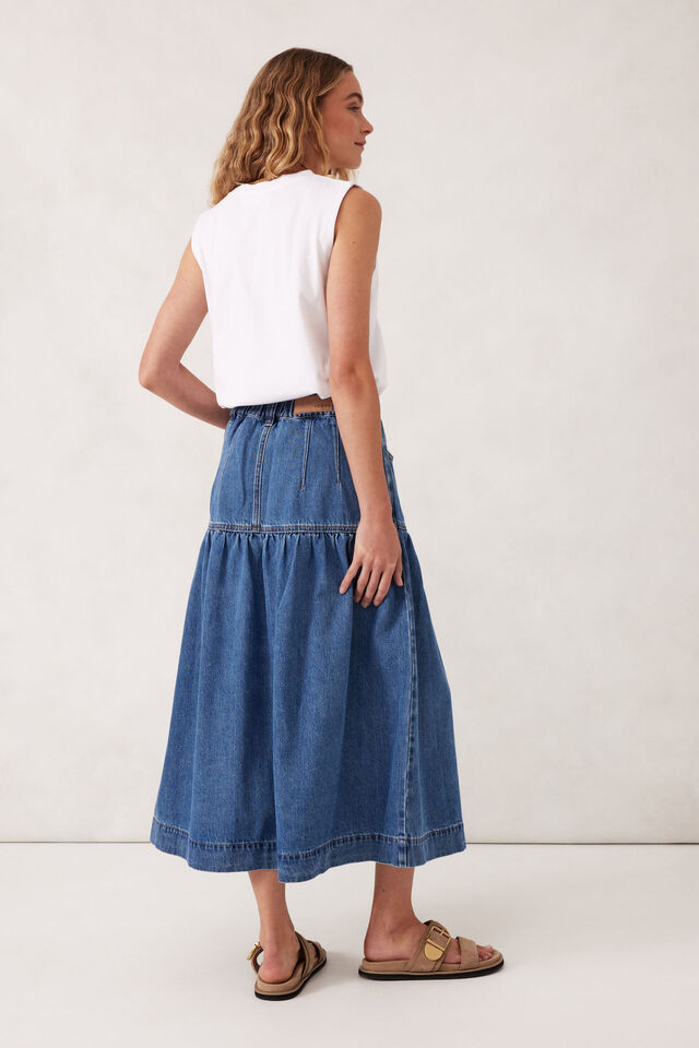 Drop Waist Denim Midi Skirt, FRESH INDIGO