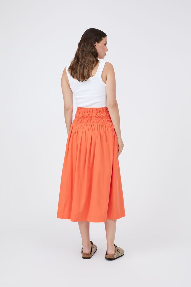 Shirred Skirt In Organic Cotton Poplin, PAPAYA