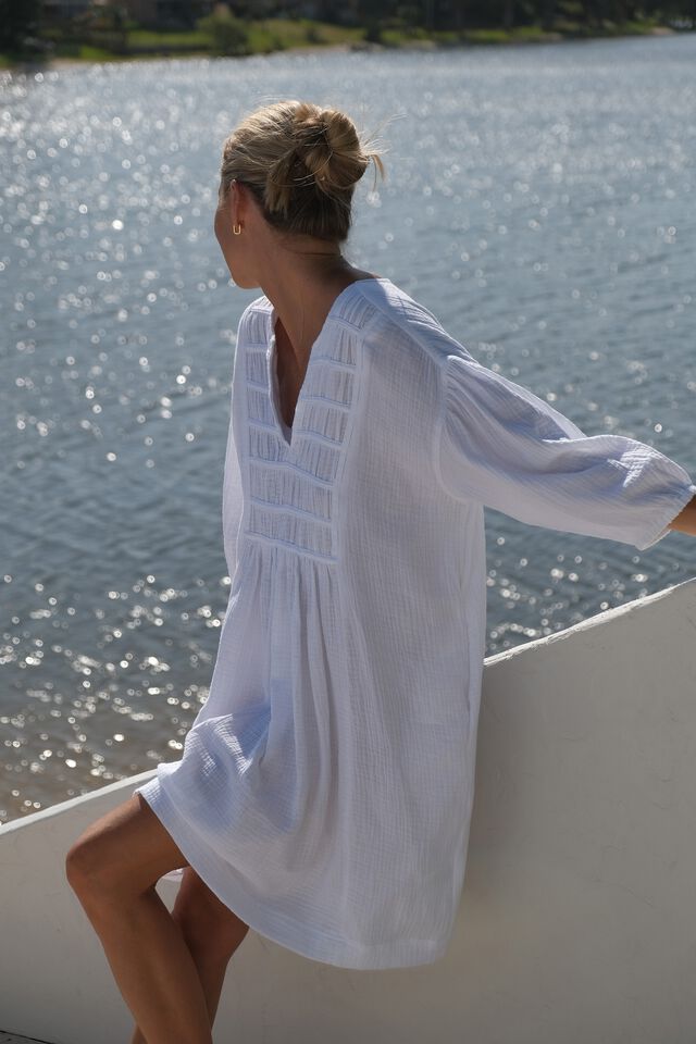 Doublecloth Gathered Yoke Dress In Organic Cotton, WHITE