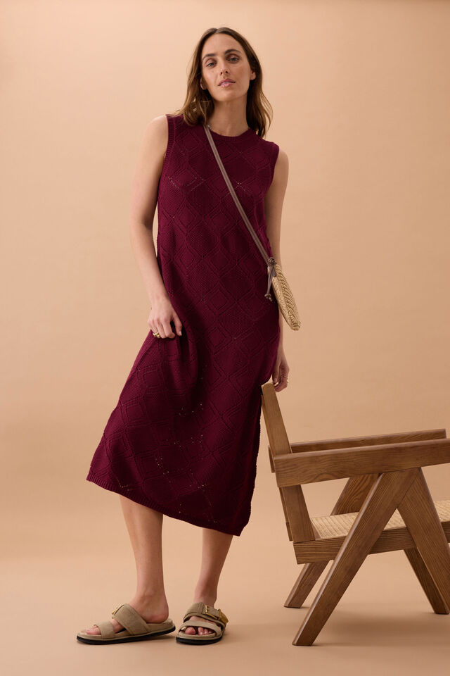 Daisy Diamond Knit Midi Dress, POMEGRANATE