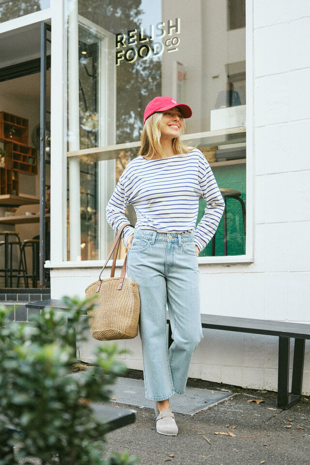 Slouchy Long Sleeve Boat Neck Tee, COLLEGE BLUE STRIPE