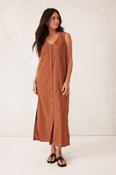 Button Through Midi Shift Dress, BURNT CARAMEL TEXTURED COTTON