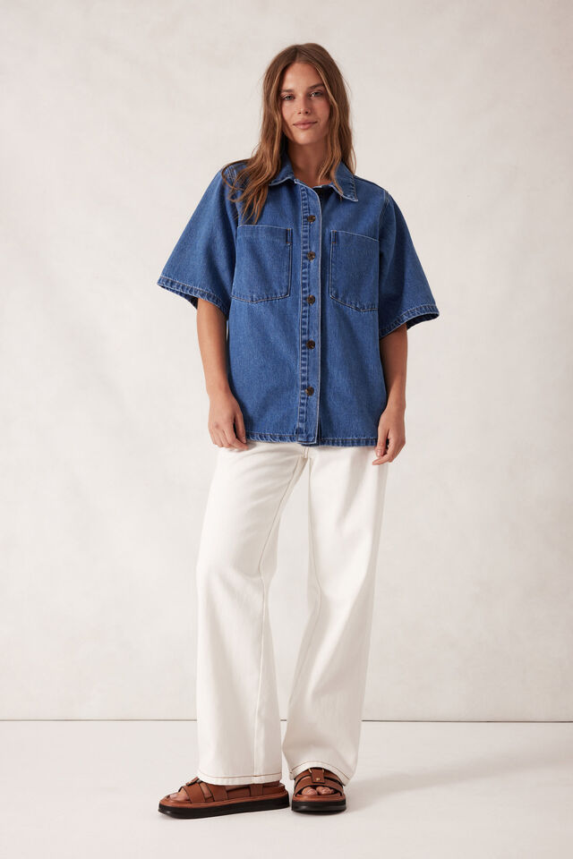Short Sleeve Denim Shirt, MID INDIGO