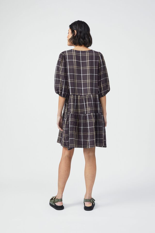 Check Smock Dress In Textured Organic Cotton, LEAD CAMELETTE CHECK