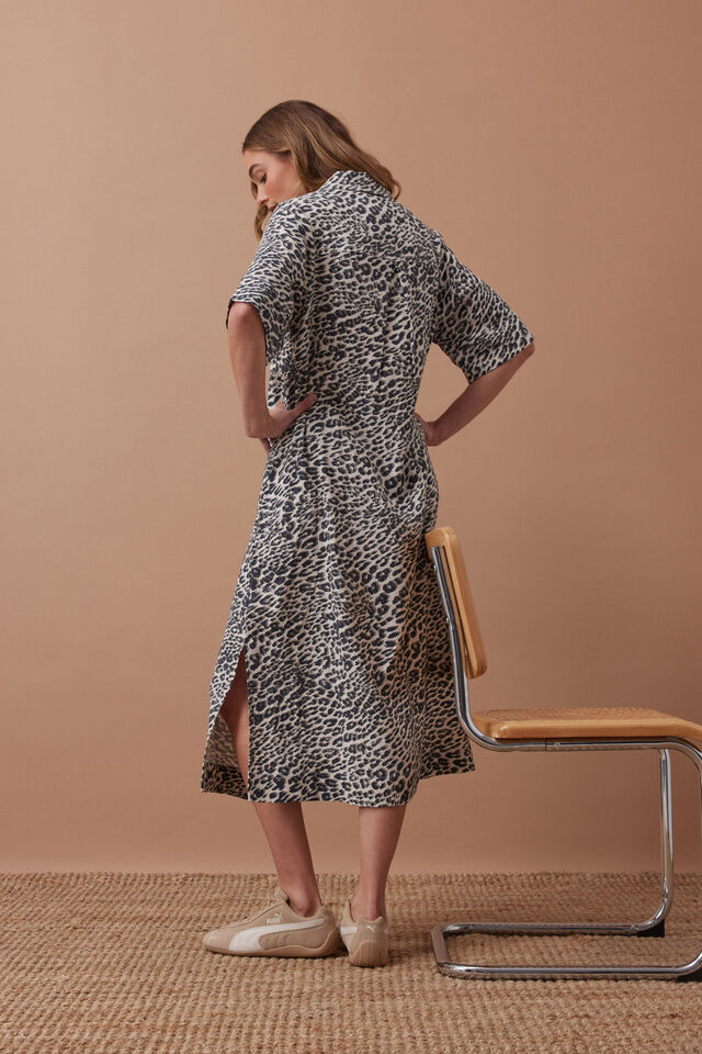 Ava Short Sleeve Midi Dress, LEOPARD LINEN BLEND