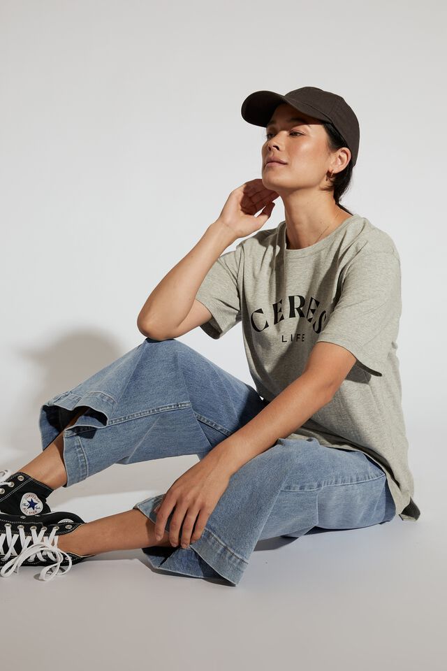 Organic Oversized Print Step Hem Tee, GREY MARLE