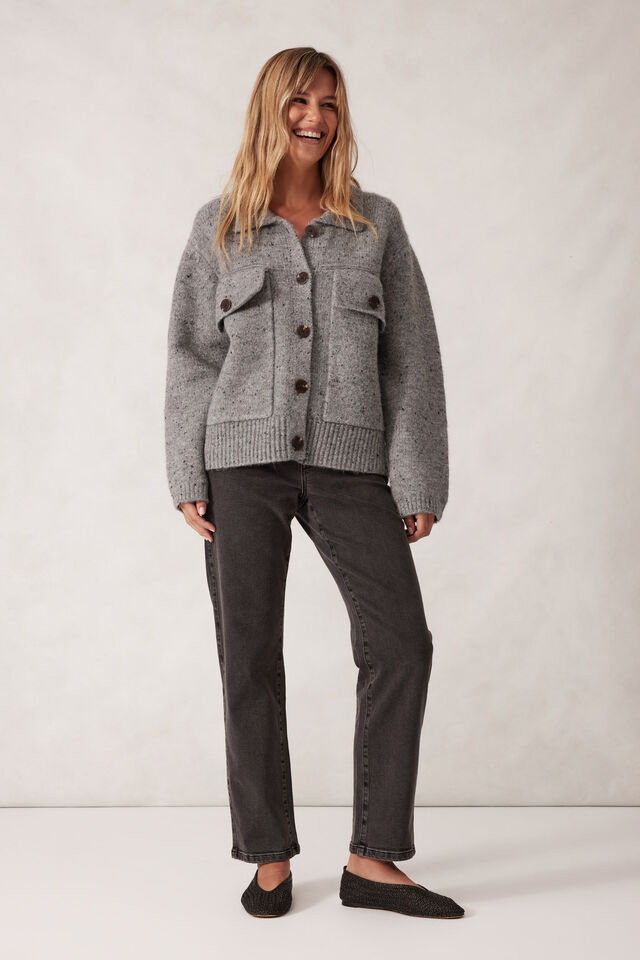 Knit Bomber Cardi, MID GREY NEP