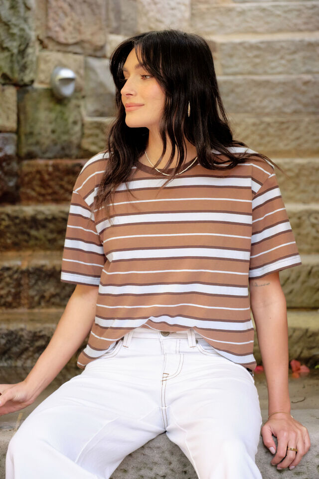 Stevie Slouchy Tee, CHALK/CHOC RETRO STRIPE