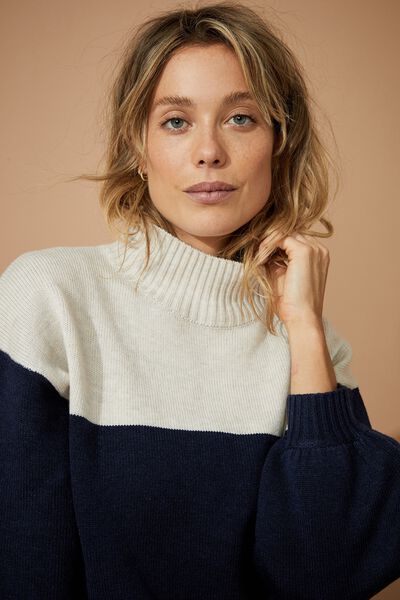 Soft High Neck Slouch Jumper, OATMEAL MARLE NAVY MARLE COLOUR BLOCK