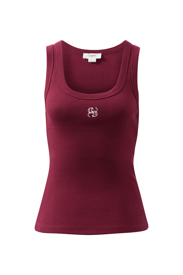 Zoe Contour Rib Scoop Tank, POMEGRANATE/MONOGRAM EMBROIDERY