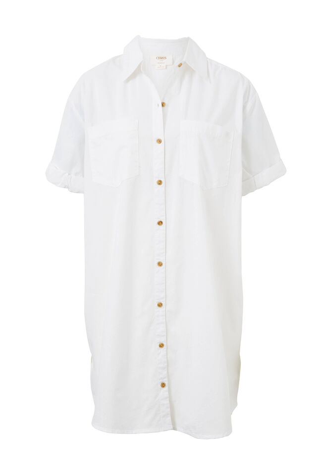 Rolled Cuff Mini Shirt Dress, WHITE