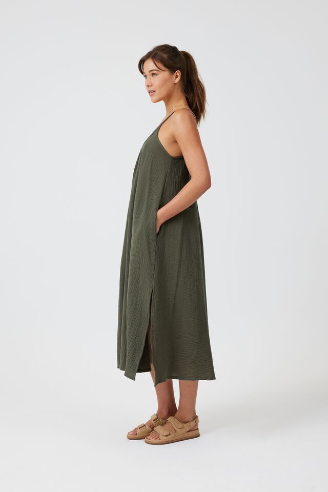 Doublecloth Strappy Midi Dress In Organic Cotton, MILITARY GREEN