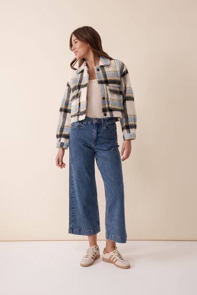 Cropped Jacket In Rescued Fabric Jf, BLUE GREEN CHECK