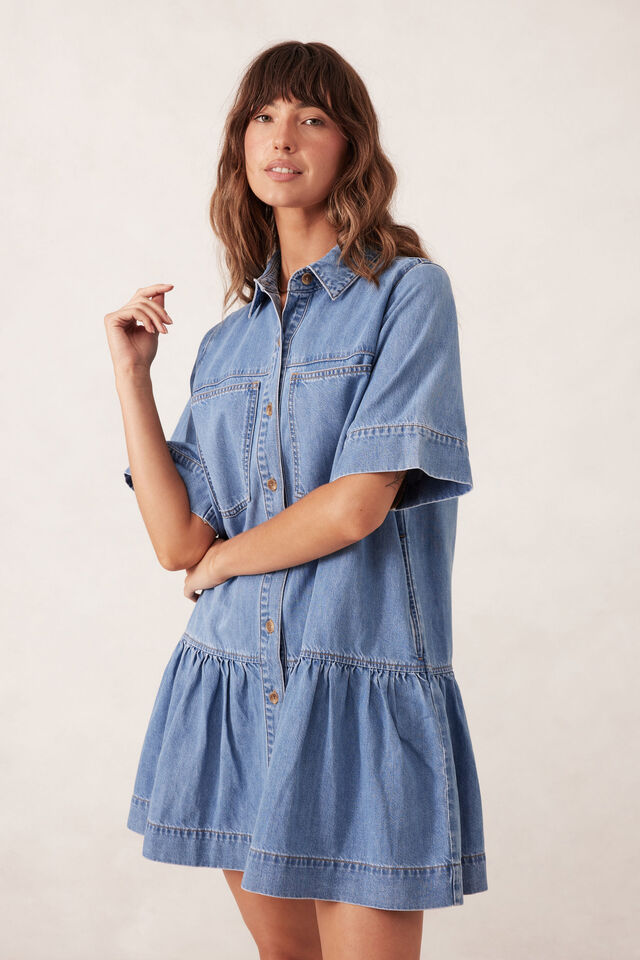 Short Sleeve Tiered Pocket Shirt Dress, VINTAGE BLUE