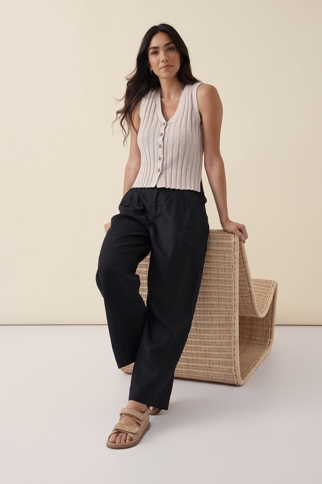 Linen Pleat Front Pant, BLACK