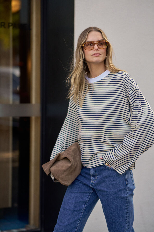Beau Long Sleeve Slouchy Tee, HERITAGE NAVY/BUTTER/STONE STRIPE