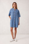 Collarless Relaxed Short Sleeve Denim Dress, VINTAGE BLUE - alternate image 1