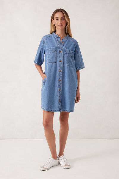 Collarless Relaxed Short Sleeve Denim Dress, VINTAGE BLUE