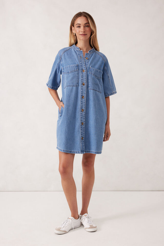 Collarless Relaxed Short Sleeve Denim Dress, VINTAGE BLUE