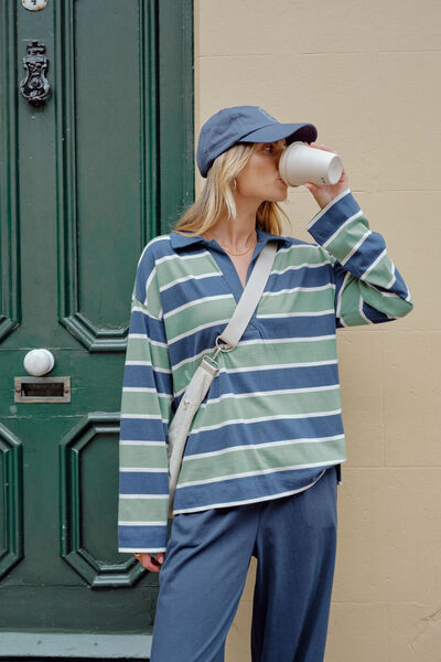 Shelby Slouchy Rugby Top, PISTACHIO/HERITAGE NAVY STRIPE