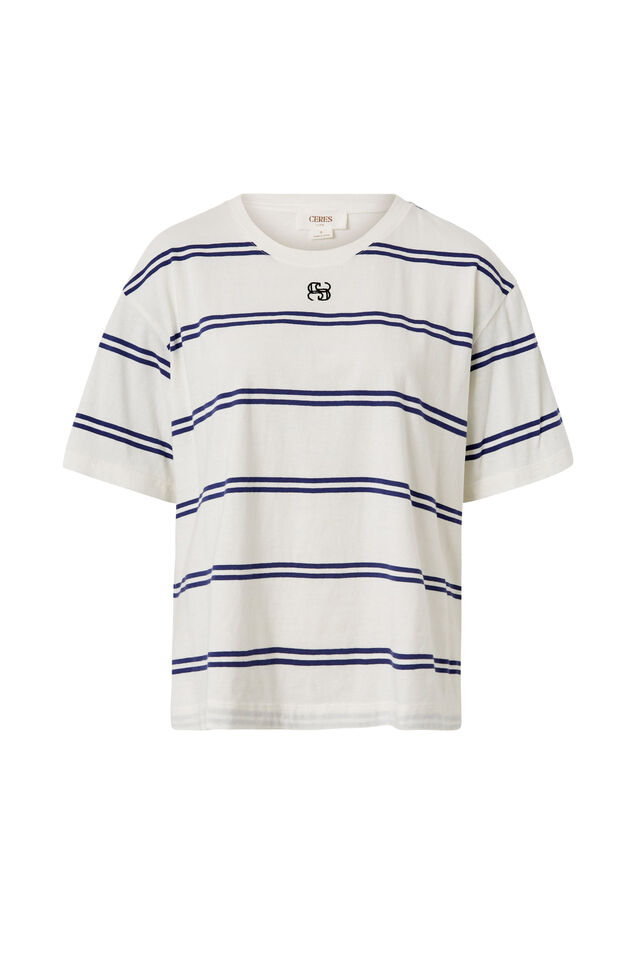 Slouchy Split Hem Tee, VANILLA/COLLEGE BLUE DOUBLE STRIPE EMB