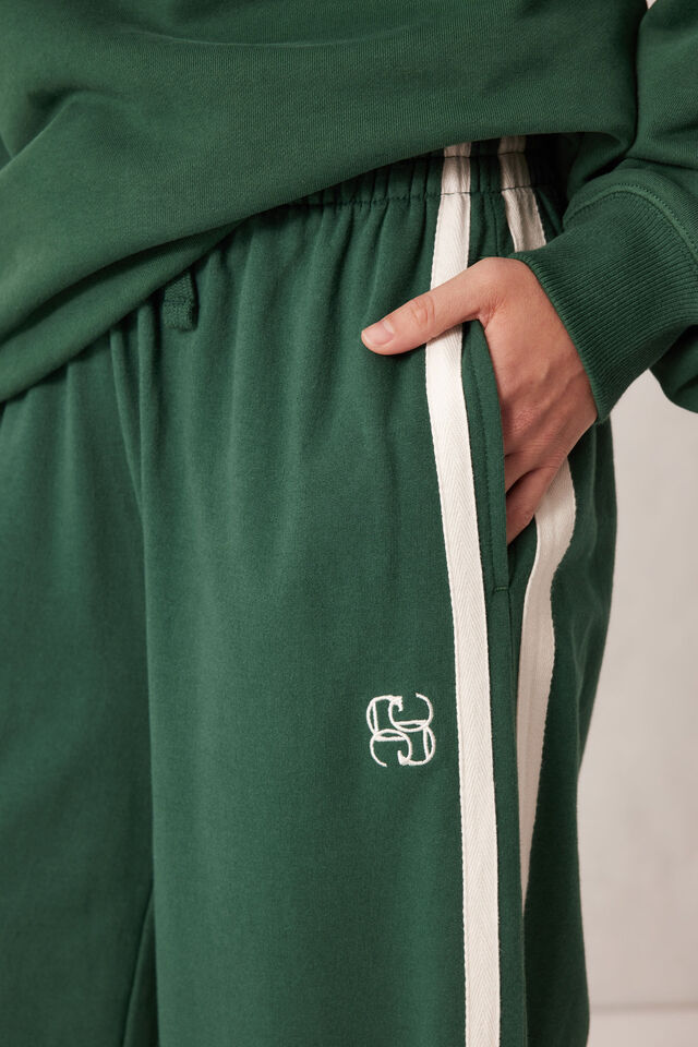Gigi Wide Leg Terry Trackpant, PINE GREEN SIDE STRIPE