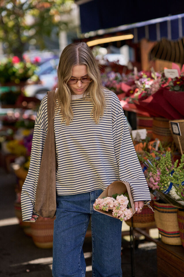 Beau Long Sleeve Slouchy Tee, HERITAGE NAVY/BUTTER/STONE STRIPE