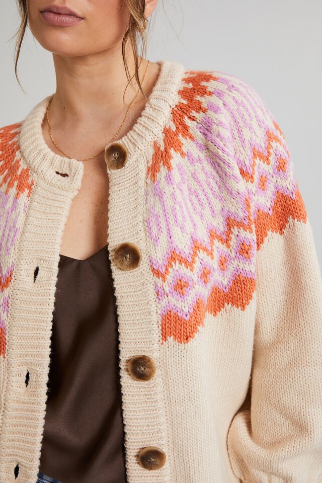 Fair Isle Cardigan In Recycled Blend Yarn, OATMEAL