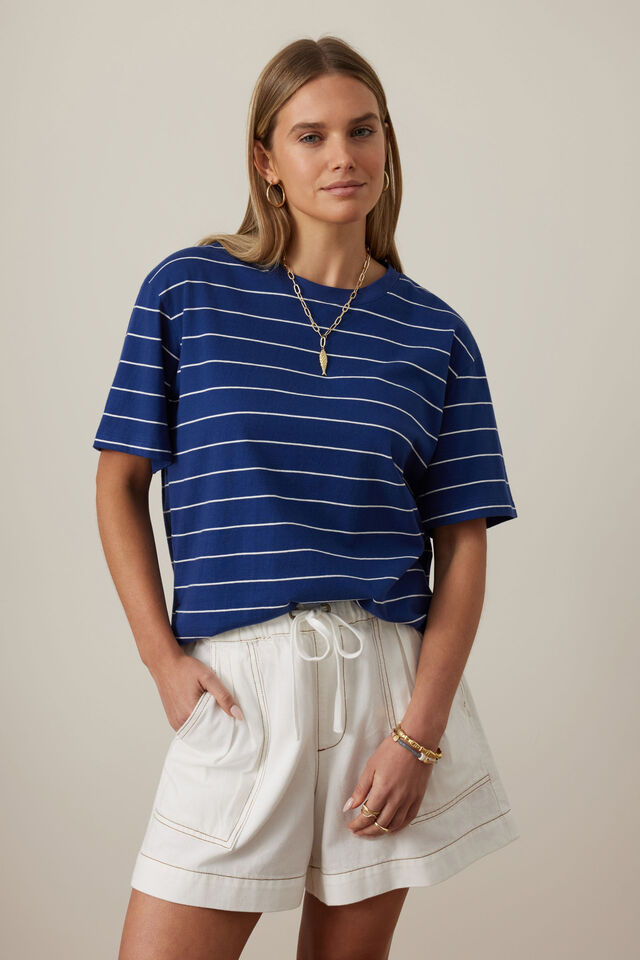 Stevie Slouchy Tee, PRUSSIAN BLUE/MILK STRIPE