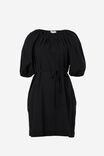 Gathered Neck Dress In Cotton Linen Blend, BLACK - alternate image 2