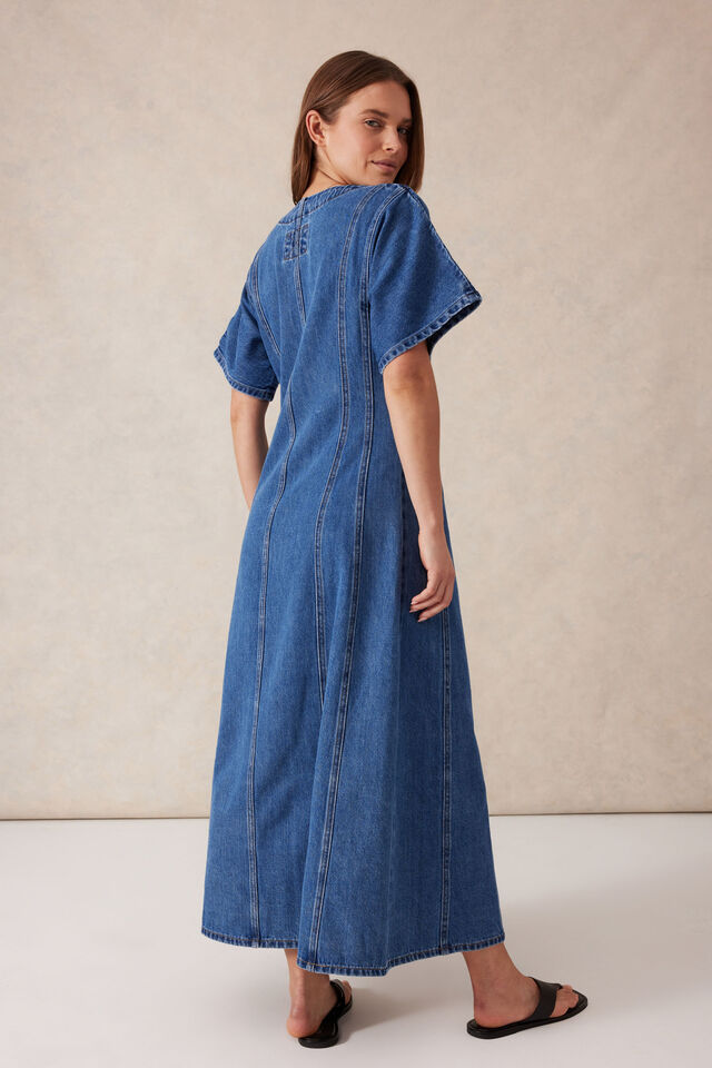 Short Sleeved Panelled V-Neck  Midi Dress, FRESH INDIGO