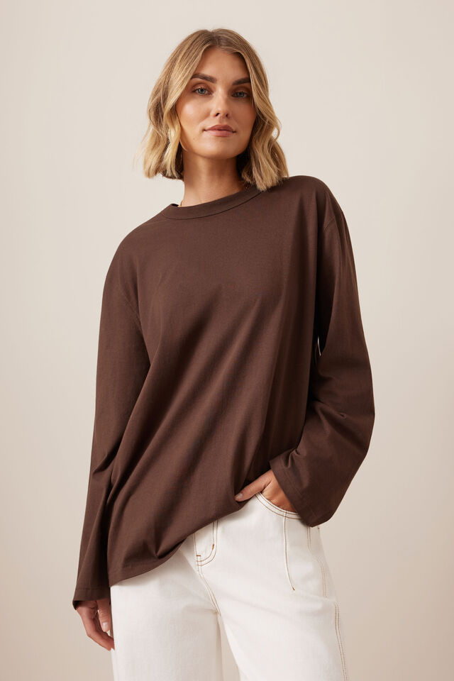Finn Oversized Long Sleeve Tee, CHOCOLATE