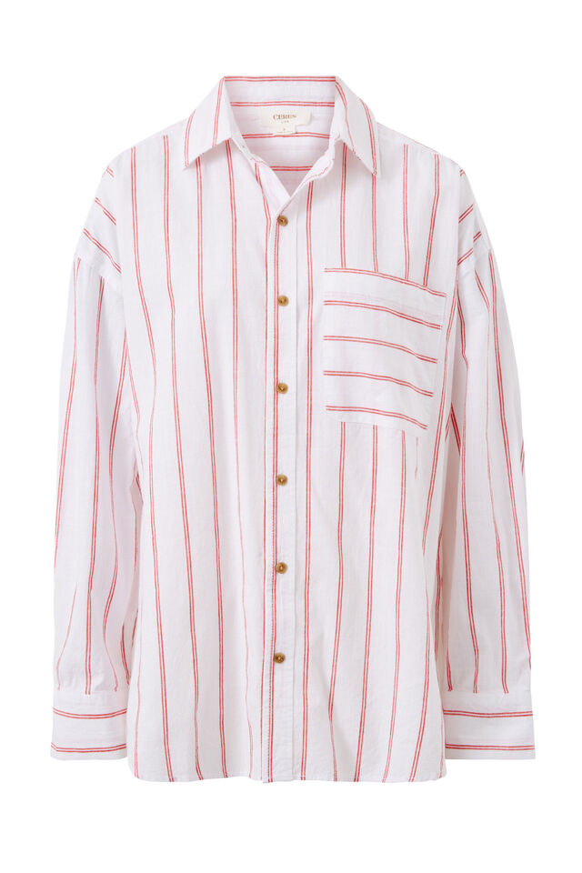 Peta Oversized Shirt, HERITAGE RED FINE TWIN STRIPE