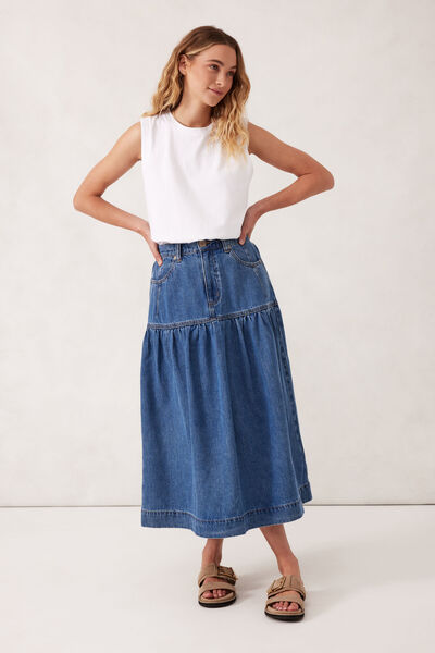 Drop Waist Denim Midi Skirt, FRESH INDIGO
