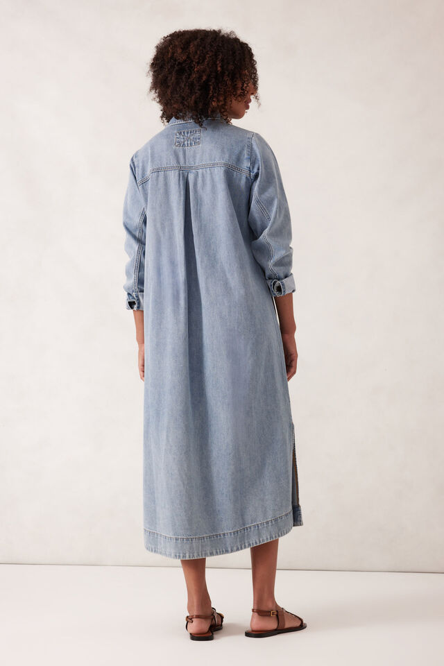 Long Sleeve Yoke Detail Midi Dress, VINTAGE BLUE