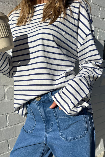 Slouchy Long Sleeve Boat Neck Tee, COLLEGE BLUE STRIPE
