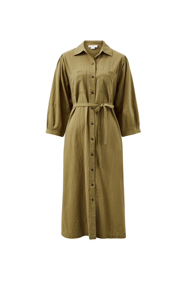 Midi Shirt Dress, FIG GREEN TEXTURED COTTON