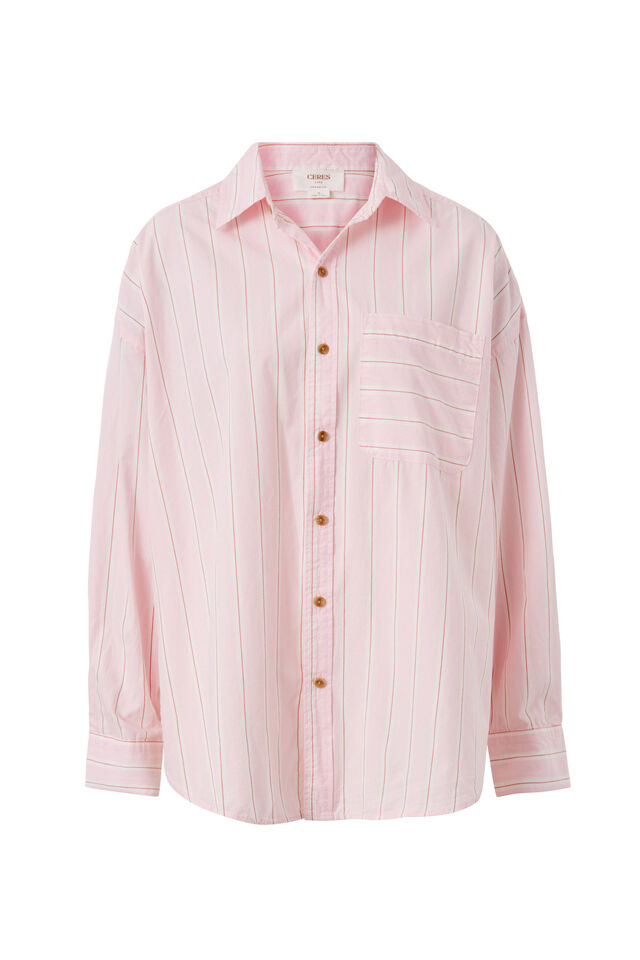 Oversized Shirt, ICE PINK WHITE RED STRIPE ORGANIC COTTON